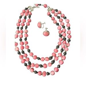 Antique 3 strand Pink & black Bubble glass bead necklace TRIAD earrings SET